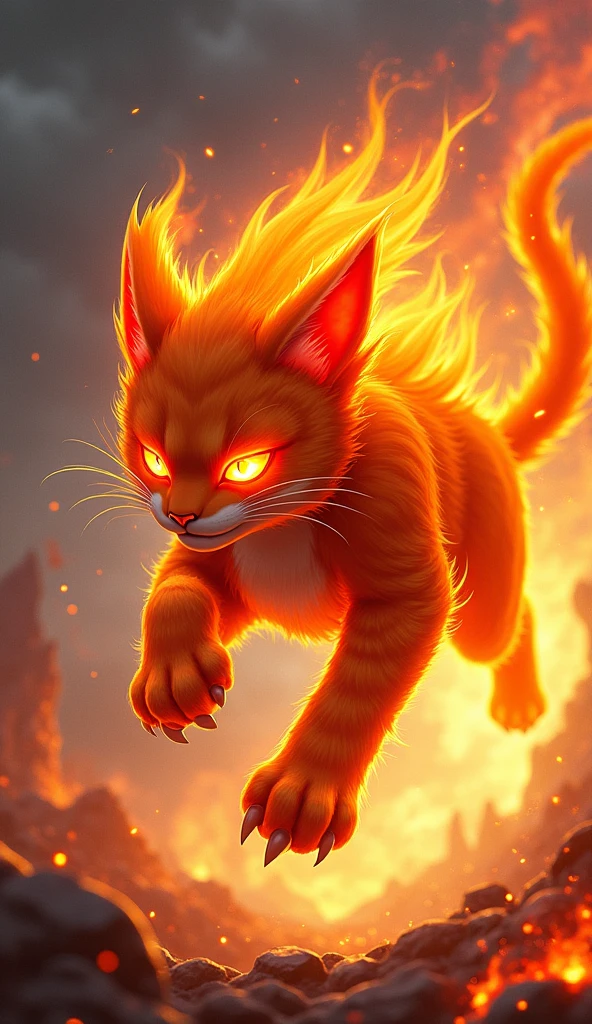 Create a dynamic fighting pose of 'Ignis,' a cat-like creature embodying the fire element, in the same vibrant and modern art style as the SOLMON logo. Ignis should have sleek, flame-patterned fur with bright orange and red hues, and glowing ember-like eyes. The creature should be depicted mid-leap, with its claws outstretched and a fiery aura surrounding it. The background should include swirling flames or a scorched battlefield, emphasizing its fire element. The overall design should be bold and visually striking, capturing both the fierce power and agility of this fire-based creature in a cohesive and stylized manner.