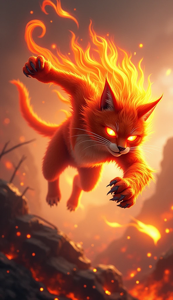 Create a dynamic fighting pose of 'Ignis,' a cat-like creature embodying the fire element, in the same vibrant and modern art style as the SOLMON logo. Ignis should have sleek, flame-patterned fur with bright orange and red hues, and glowing ember-like eyes. The creature should be depicted mid-leap, with its claws outstretched and a fiery aura surrounding it. The background should include swirling flames or a scorched battlefield, emphasizing its fire element. The overall design should be bold and visually striking, capturing both the fierce power and agility of this fire-based creature in a cohesive and stylized manner.