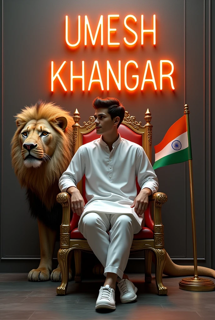 Create a 3D illusion for the profile picture where a cute 17 year old boy in white kurta is sitting comfortably on the chair of the King of Beasts throne. Indian flag in hand And a ferocious lion next to me. Wearing sneakers, he looks ahead. “UMESH KHANGAR” is written in large, orange neon light font on the dark gray wall in the background. He has no shadow and has Indian Tricolor colored wings 4k