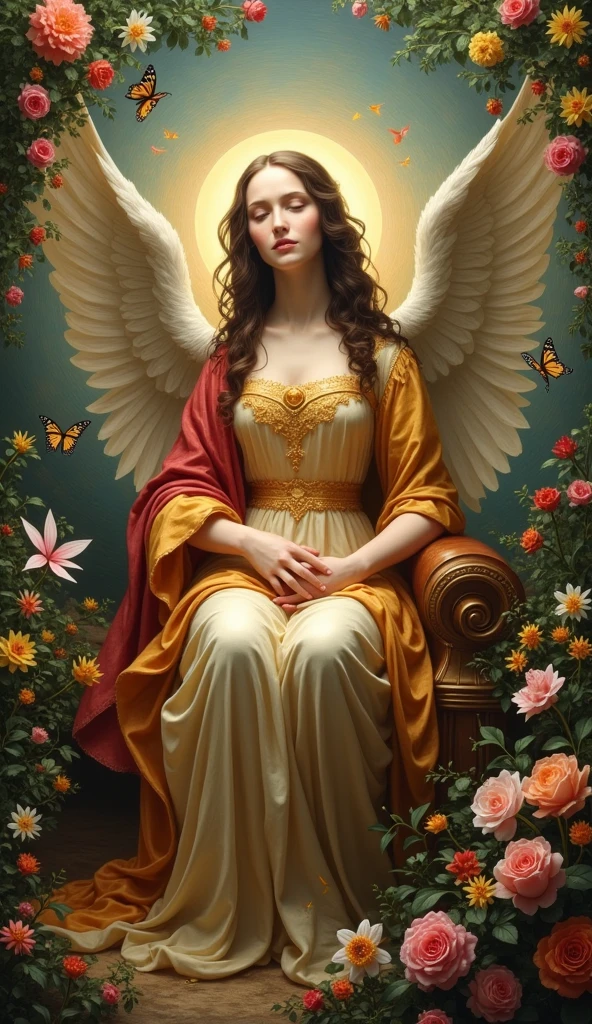 Create random replicas of the classic historical masterpieces of Leonardo da Vinci in 'The Last Supper' superhit painting style, Ultra-High Definition, 64k resolution oil painting without a frame, using full dimensions of the selected resolution to fit the artwork image, medieval era innocent looks, finely detailed to perfection, art-punk, Arabic style, countryside background, art germ, high-octane. A portrait of a Rainbow of Butterflies and Daffodils with a beautiful virgin goddess nymph winged angel in the Garden of Heaven in the Paradise, goddess nymph winged angel is a Blessed Cosmic Virgin Heavenly Bride of Holy Christ and is an exact replica of the sketch of a supermodel Mona Lisa, happy smiling face, Sitting on a Queen's luxurious Heavenly Cushioned Chair of Paradise, Vatican looks and style, a precise copy of the conceptual legendary colorful Garden of Heavenly Paradise with rainbow hummingbirds and butterflies flying around, red roses and daffodils in the Heavenly Garden of Paradise with colorful random fruits on trees, a sketch of hummingbirds, butterflies, roses and daffodils is created with attention to the minutest detail, an unreal engine, ultimate beauty pro max, a quantum leap in artwork, magnificent miracle, unmatched quality, unmatched style, uniqueness to perfection, relaxed, bingo, illuminated, radiated with light, magnetic, extraordinary, a master stroke of a legendary brush, the artwork of a genius, a perfect sense of proportion and judgment, a tribute to a legendary master artist, super realistic, superhit, random dynamic poses, random smiling styles, random makeups, and random styles, vibrant 256k colors, ultimate art, extraordinary level portrait painting, master craftsmanship of sketching beautiful human female hands with strictly 4 symmetrical natural fingers on each hand in extremely minutest detail of care applied, GEFORCE RTX GPU magic, artwork for British Isles and French market customers, Professional commercial painting