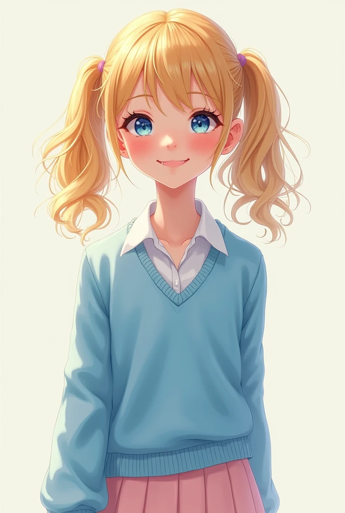 Une adolescente asser grande,elle a les des couettes blondes,des yeux bleus magnifique,un pull bleu clair,avec en dessous une chemise,elle a une jupe rose pastel,
Elle est très mignonne et belle
Et est joyeuse