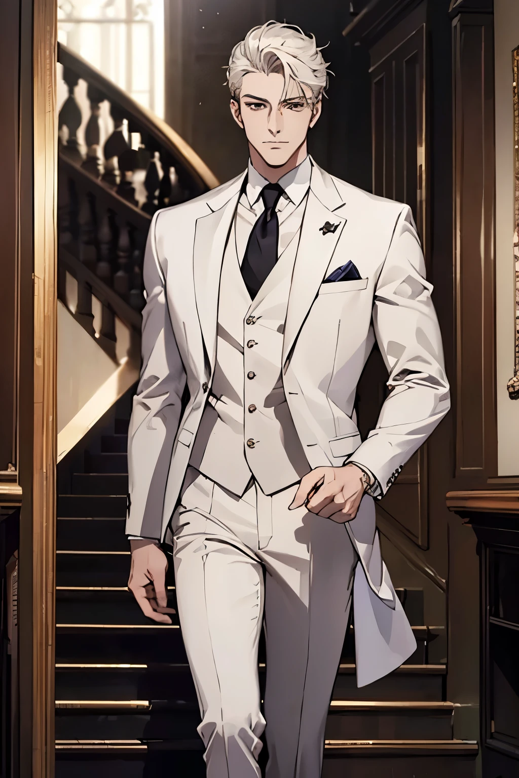 ((best quality)), ((masterpiece)), (detailed), A handsome man in a white suit,A bodyguard in dark clothes,Two people walked up the stairs of the villa to the living room,Perfect face perfect hands