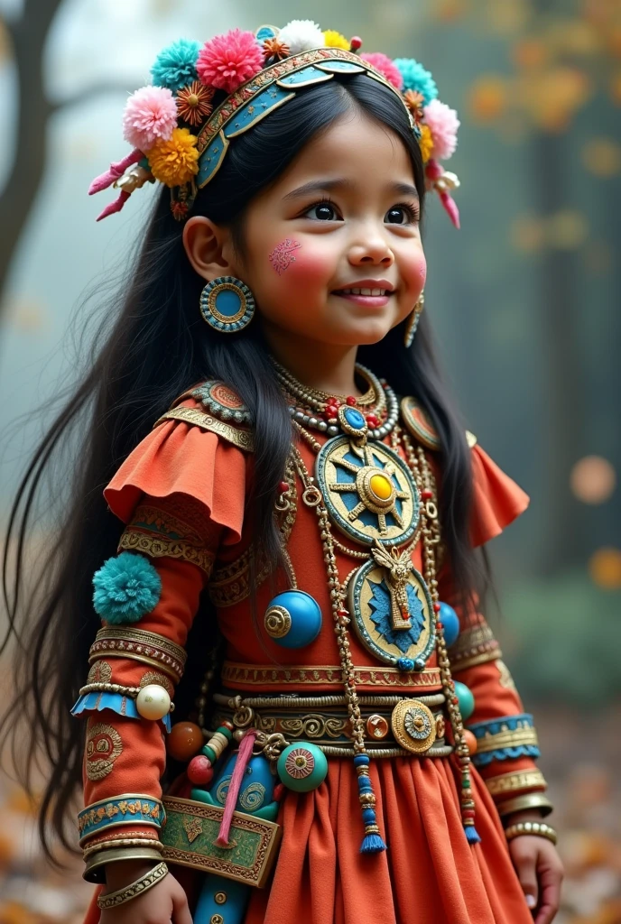 A costume made of toys worn by a female with indigenous features and long, dark hair