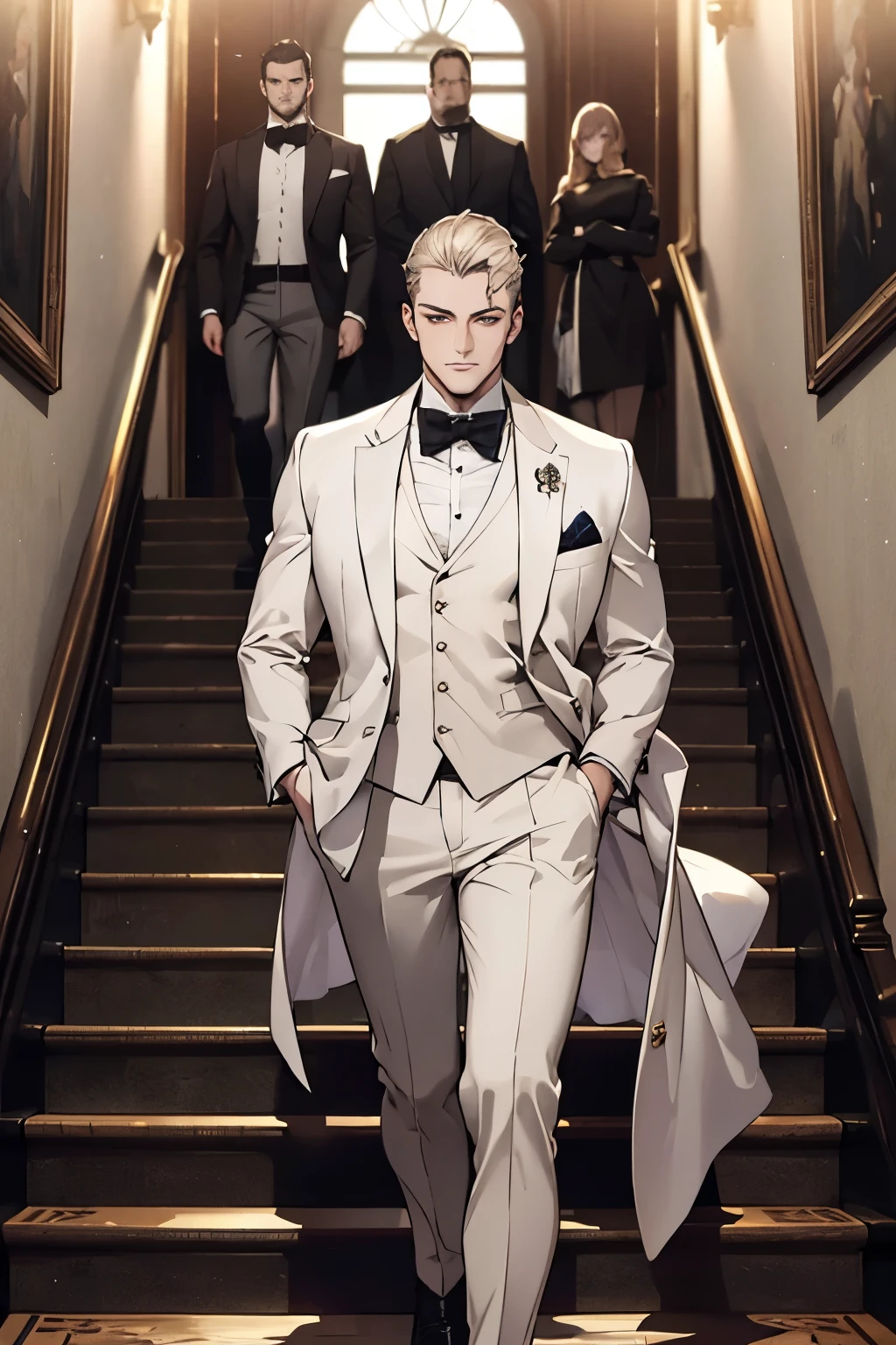 ((best quality)), ((masterpiece)), (detailed), A handsome man in a white suit，A bodyguard in dark clothes，Two people walked up the stairs of the villa to the living room，Perfect face perfect hands