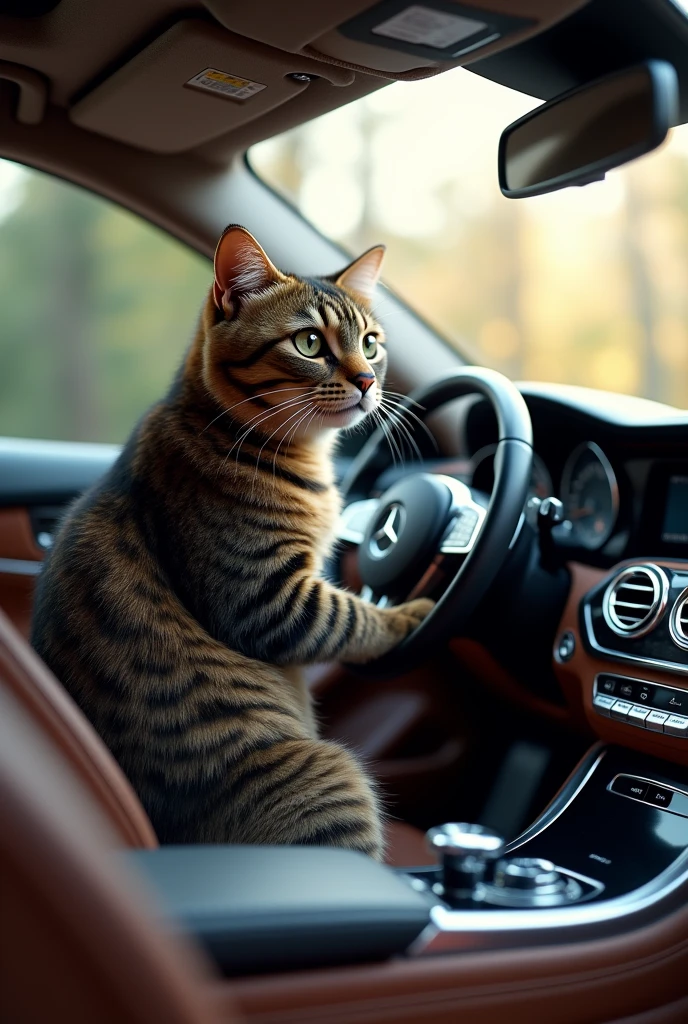 Cat driving car Benz
