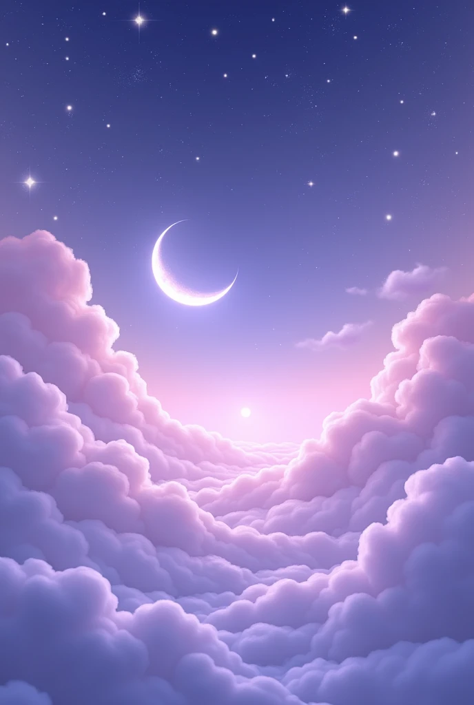 A lilac sky with clouds, a waning moon and many silver stars
