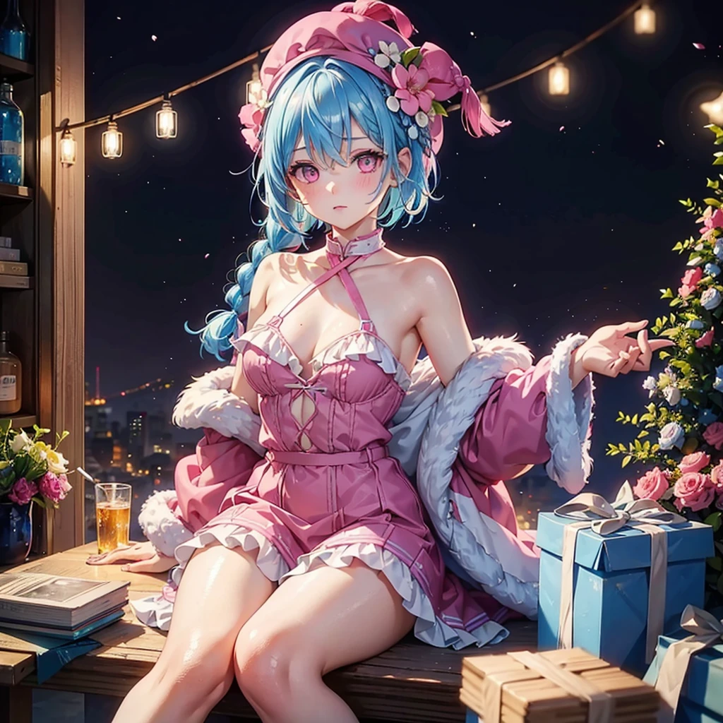 (Sky blue hair),(Braided short hair), (Pink Eyes),Fair skin) ,(whole body),(one person's),(Gift boxes filling the background),(Santa Claus clothes),(Cute smile),Santa Claus hat,(Christmas Party),(masterpiece, Highest quality, Very detailed, Best Shadow), (Detailed Background), (Beautifully detailed face), High Contrast, (Best lighting, Very delicate and beautiful), ((Cinematic Light)), Hyper Detail,8k, Dramatic Light, Intricate details,(Christmas tree)
