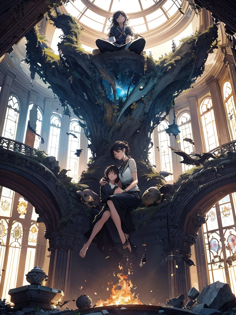 Absurd, high resolution, ultra-detailed, (1 girl:1.3), broken, design a beautiful temple scene, intricate architecture, lush gardens, and a sense of peace and spirituality. Broken, creating an image of a destructive demon with terrifying features, dark powers, and a thirst for chaos and destruction. Broken, designed with a fisheye effect image that captures a wide field of view with a unique curved viewing angle. Break to create rooftop views in urban environments with panoramic cityscapes, dramatic skylines, and a sense of elevation. Break , illustrating the tender moments between parents and children, capturing their bonds, love, and connection. Broken, using pointillism to illustrate images, carefully placed tiny dots of color to create a cohesive and visually stunning whole.