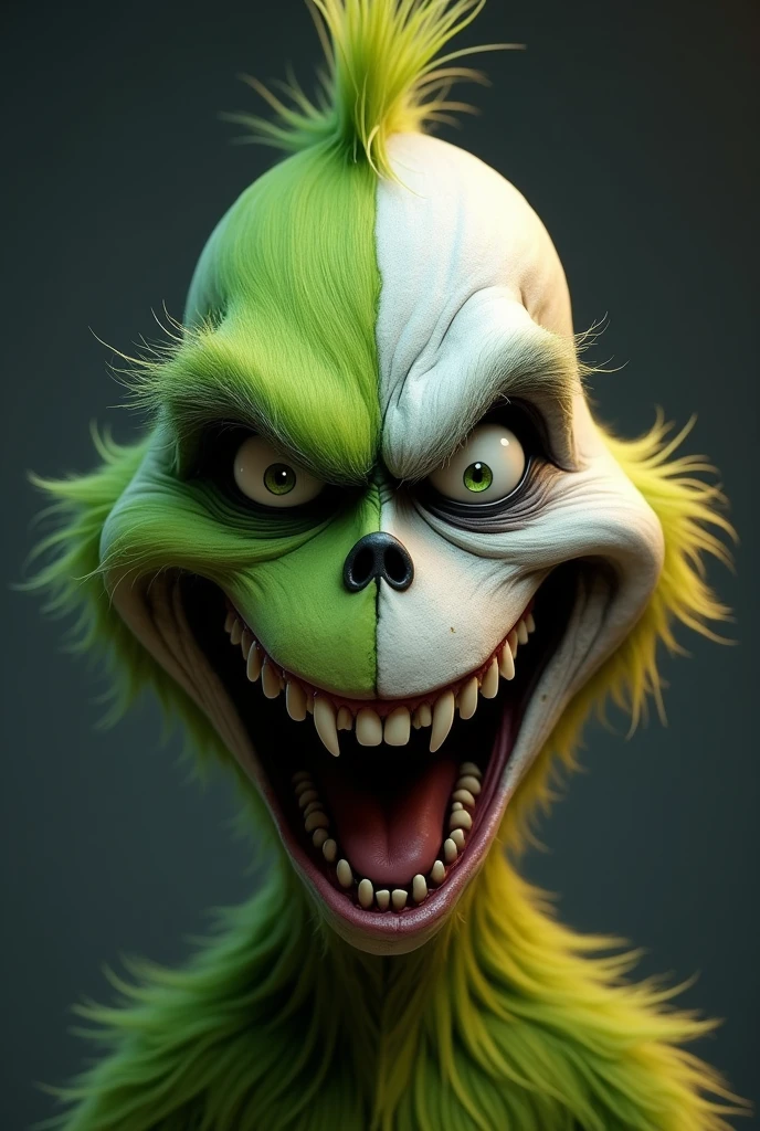 Grinch head. Half normal and half skull, looking ahead 
