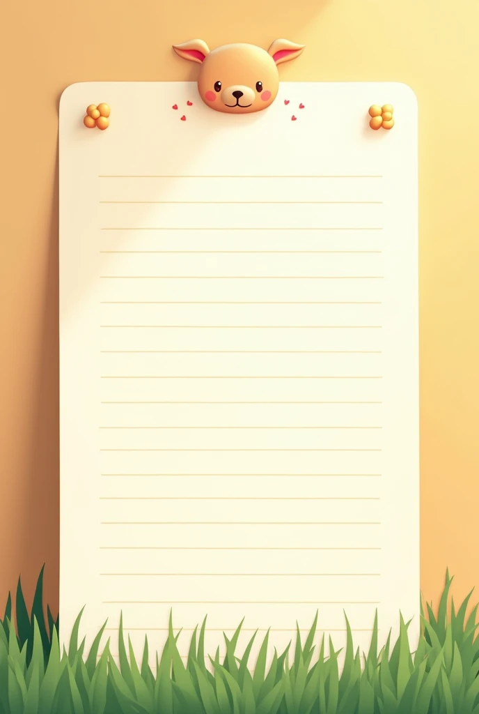 writing paper with lines, on the paper small detailed cute in top header, flat design, grass in bottom footer, warm color, 8k premium export