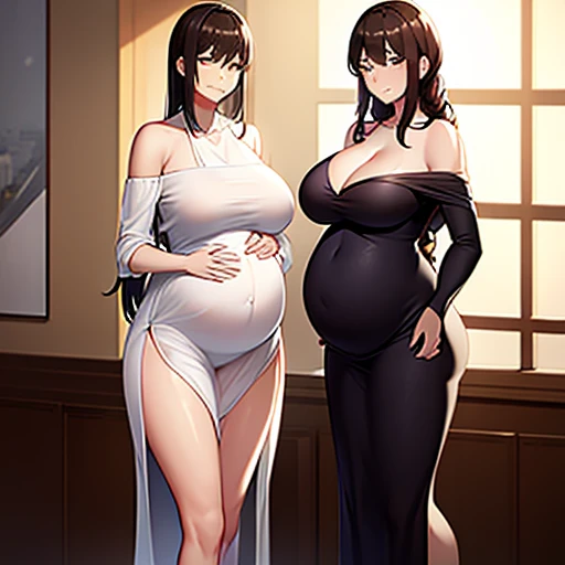 2 women，Mom and mother-in-law，35 years old，人妻 A pregnant woman，pregnant，pregnant，pregnant with twins，10  pregnant，Pretty Face，Sexy body，Long hair，Wearing a white transparent off-shoulder dress，Sexy pajamas