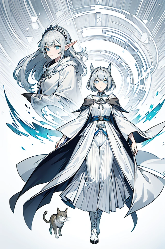 Gray and white shoulder-length short hair,Girl,Blue Eyes,Elf ears,No headdress,No cat ears,Wear a magician's robe,cloak,hood,Long skirt,Boots,full-body shot,front Photo,No background