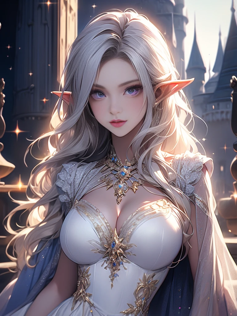 masterpiece, high quality, 最high quality, beautiful, High resolution, Perfect lighting, Detailed face, Detailed body, 1 person, alone, (Long white hair), Elf、Fantasy、mysterious1 personの, solo, Long Hair, Gaze, High resolution, , Blonde,Large Breasts, Pointy Ears, Sparkle Effect, Lens flare, 8k octane, Illustration, Gentle colors, Soft Light, Flower Fairy Dress、White、albino、White clothes、mysterious、Mysterious、A hidden place of ancient legends、Castle、beautifulドレス、Pure white dress、Veil、とてもLong Hair, Purple eyes, Full Body、A seductive smile, Flower Eyes, Long eyelashes, 