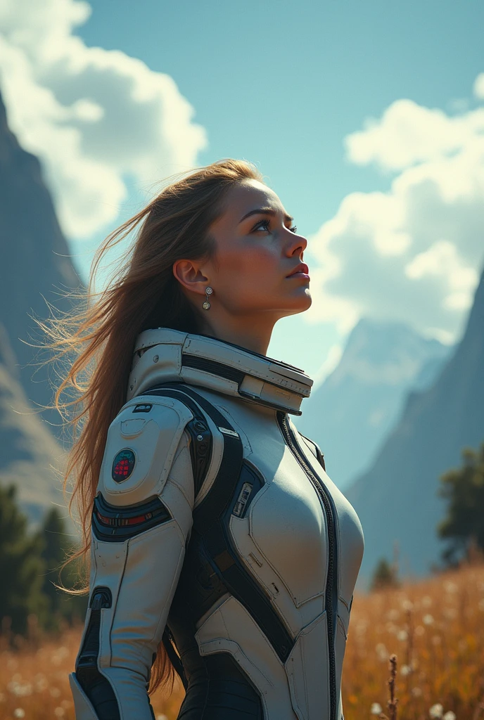 awarded (Whole body:0.8) (portrait photo:1.3) of a young woman (sci-fi astronaut:1.3) with a (war tank:1.4), (stargate:1.4), looking towards a green alien planet, (mountains:1.2) (tall grass:1.4), rocks, fluffy clouds in the sky, trend in artstation, Very detailed, good detail, Intricate, (Lens flare:0.6), (backlighting:0.8), (bloom:0.8), shallow depth of field
