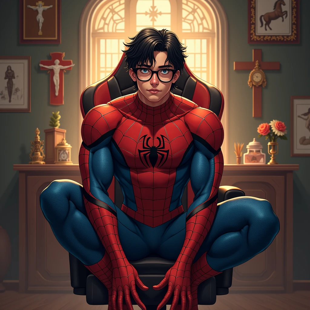 marvel art style: a 20-year-old male with dark fadeout hair and glasses, wearing spider superhero outfit, big male bulge , he's crouching down on his gaming chair, flexing bicep. in a room full pf christian symbols