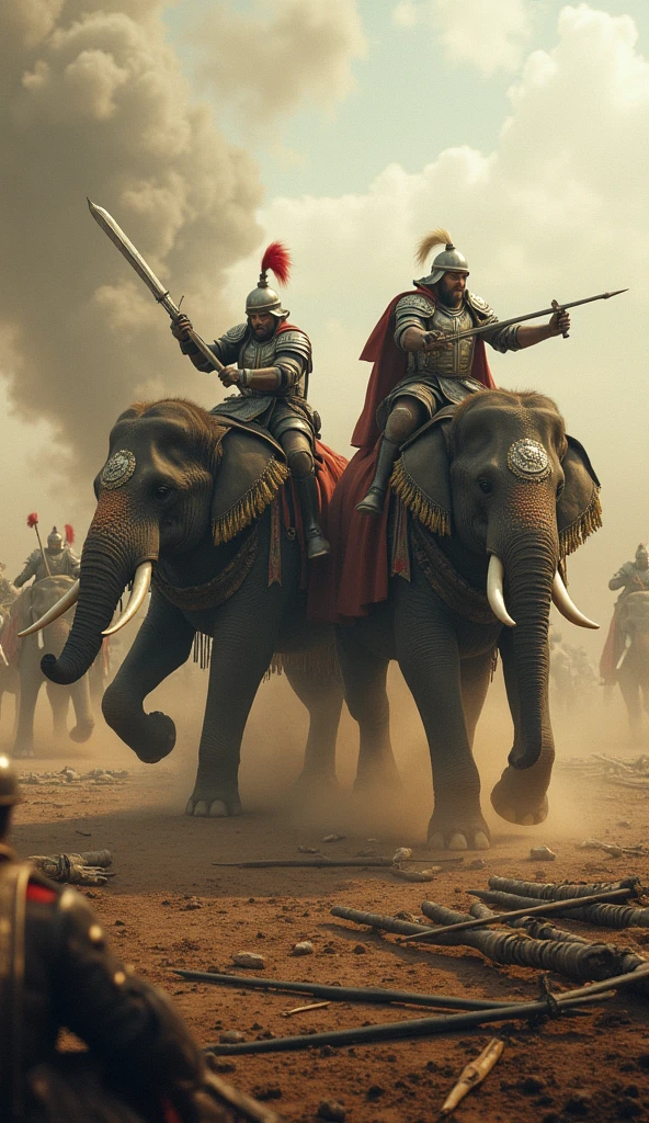 Create a dramatic scene of several warriors engaged in battle while riding elephants. Show intense combat with dynamic action poses, detailed armor, and weaponry. Include a realistic backdrop of a battlefield with vivid, dynamic lighting to enhance the epic nature of the conflict. Ensure the image is hyper-detailed, 8k, and ultra-sharp with UHD quality.