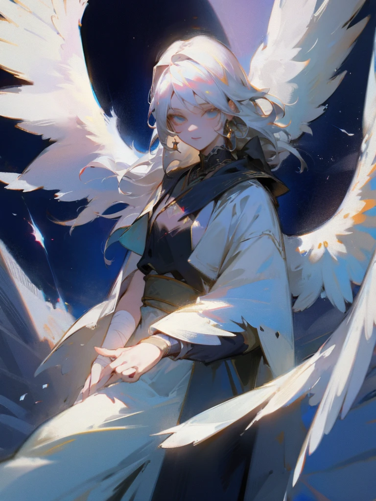 Masterpiece, Best Quality, 8K, Octane Rendering, Heaven, 1woman, angel, (solo), (white hair) (bandage on eyes) (angel clothes) (4 wings) (seraphim wings)