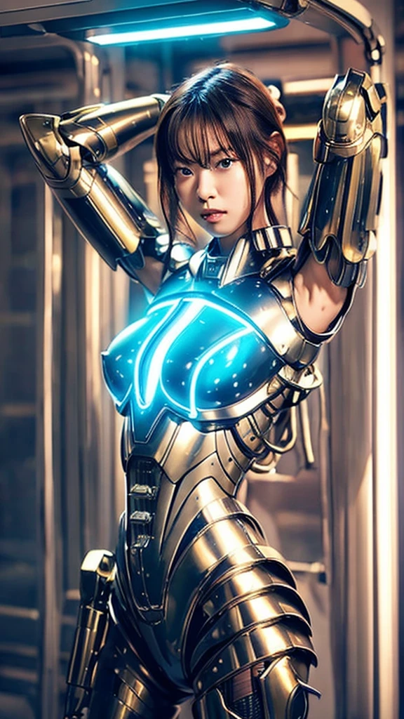 Highest quality, masterpiece, figure, (Realistic, photo-Realistic:1.37), wonderful, In detail, Incredibly absurd, Large file size, Very detailed, High resolution, Very detailed CG Unity 8k wallpaper, Very detailed目と顔, Ray Tracing, Browsing Caution, NUDE, One girl, Korean cyborg girl is innocent and young々Has a sly expression. She poses boldly with her arms raised above her head, Revealing her voluptuous figure. She is wearing a small black mecha armor top that barely covers her breasts., Exposing most of her flawless skin. Her shoulders and head have more armor detailing.、There are shining highlights, Tech Panels and Mechanisms. She is standing against a futuristic cityscape lit up with vibrant neon lights.、Standing full of energy。.