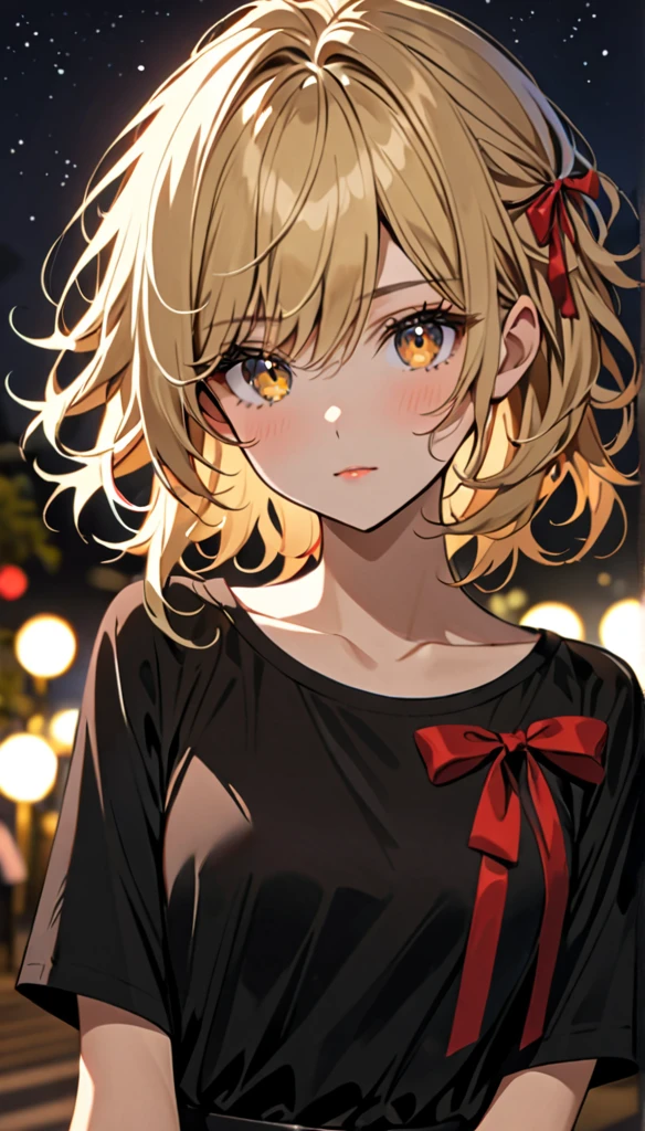 Beautiful and blond, messy styled hair,red ribbon, black shirt, night, looking fancy