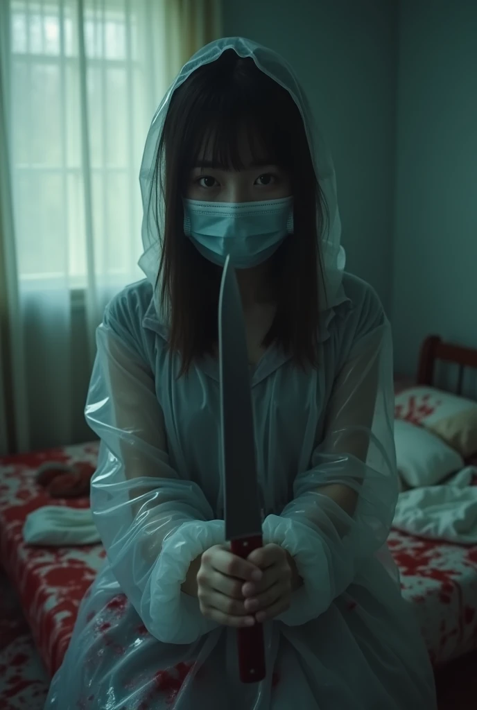 korean girl, (behind corpse, holding knife), surgical mask, latex gloves, room full of blood, transparent raincoat, hood up, holding knife, latex gloves, plump girl, behind corpse, blood splatter, bed room, looking at viewer, mass murderer, killer, long bangs, blood splatter, dark atmosphere, cinematic lighting, atmospheric realistic, light from the window, close-up,