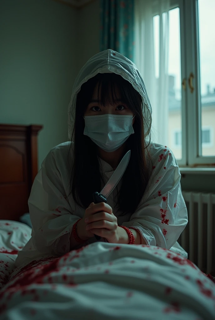 korean girl, (behind corpse, holding knife), surgical mask, latex gloves, room full of blood, transparent raincoat, hood up, holding knife, latex gloves, plump girl, behind corpse, blood splatter, bed room, looking at viewer, mass murderer, killer, long bangs, blood splatter, dark atmosphere, cinematic lighting, atmospheric realistic, light from the window, close-up,