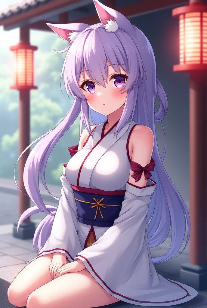 (best quality:1.4), highres, masterpiece,, 1girl,, light purple hair, purple eyes, (kemomimi), medium breasts, bare slim thigh,, hair ornament, (red|white Japanese miko clothes), detached sleeves,, blush,, lantern, shrine,, detailed face,
