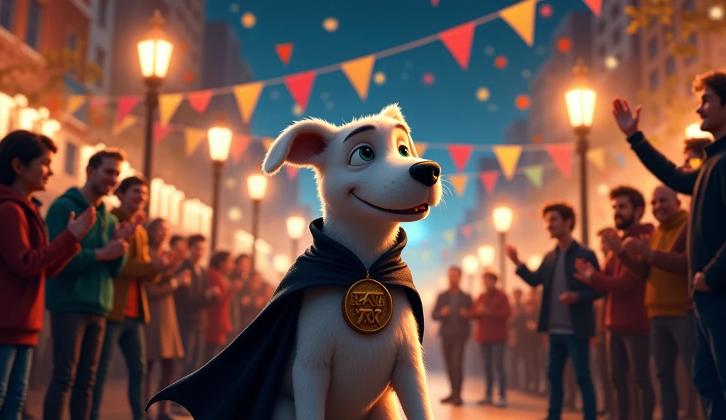Night time, A celebratory scene where the city’s people cheer and celebrate Jack, the white dog Wear black cape, now recognized as the city’s hero, with banners that say “Super Dog