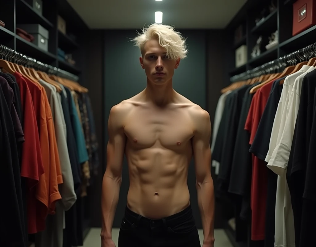 181 cm tall, 22-year-old shirtless male model, thin lean figure, short platinum blond hair messy layered hair, side swept bangs, Germanic-Icelandic features, black pants, intense look, standing in large chic dark walk-in closet lined with colorful clothes, photorealistic, cinematic