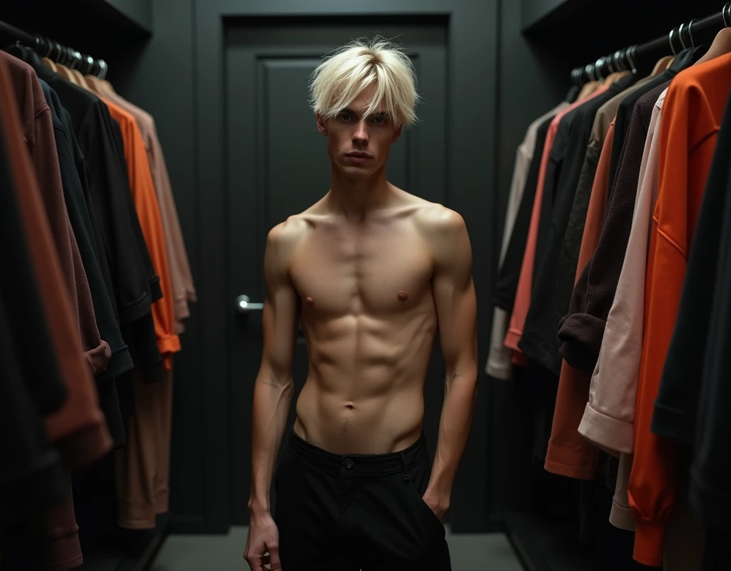 181 cm tall, 22-year-old shirtless male model, thin lean figure, short platinum blond hair messy layered hair, side swept bangs, Germanic-Icelandic features, black pants, intense look, standing in large chic dark walk-in closet lined with colorful clothes, photorealistic, cinematic