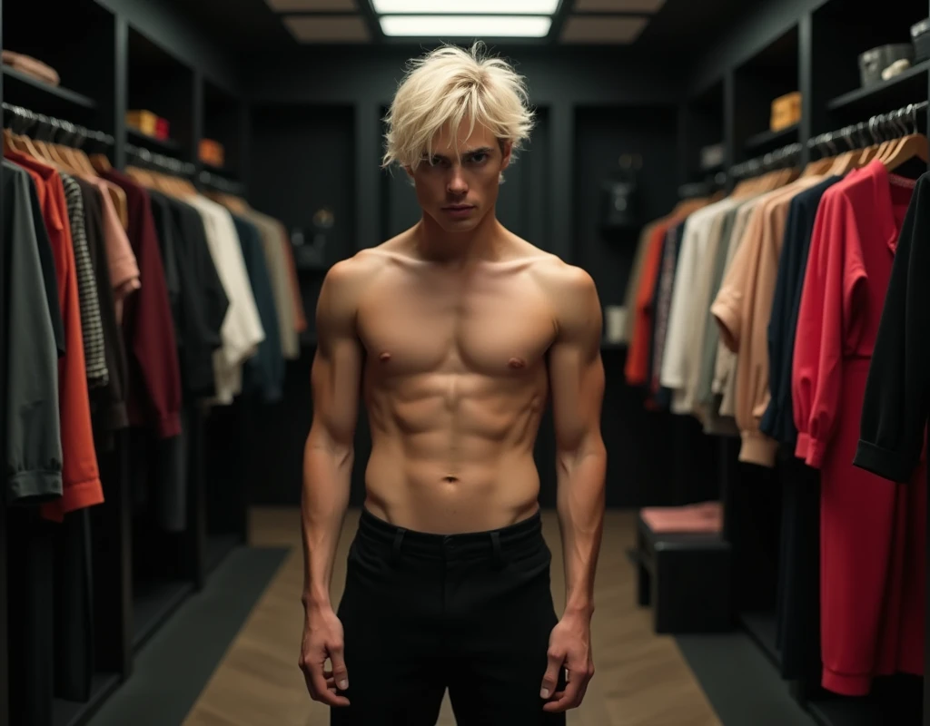 181 cm tall, 22-year-old shirtless male model, thin lean figure, short platinum blond hair messy layered hair, side swept bangs, Germanic-Icelandic features, black pants, intense look, standing in large chic dark walk-in closet lined with colorful clothes, photorealistic, cinematic