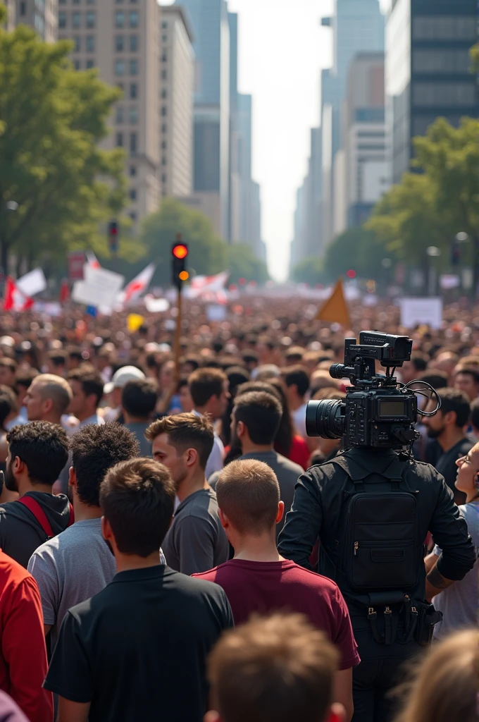 Lote of pepole protesting and some  journalist recording video and there voice with camera and microphone