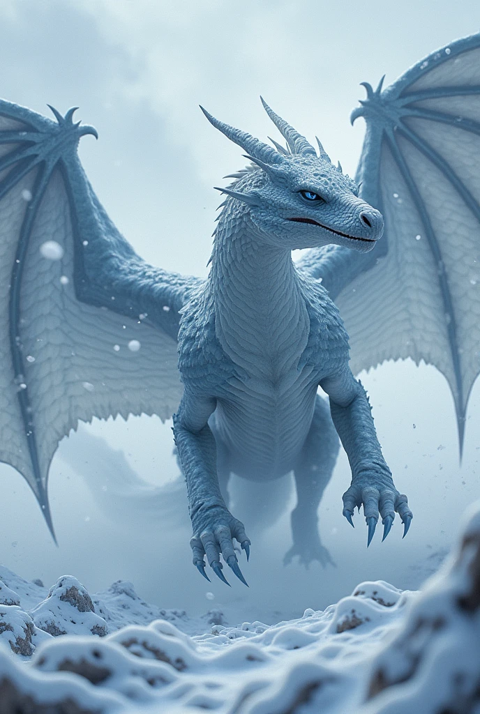 A (frost dragon, 2 wings, 4 legs, dynamic pose) , flys through a fierce blizzard with heavy snow blowing in the wind. ((((falling snow))))