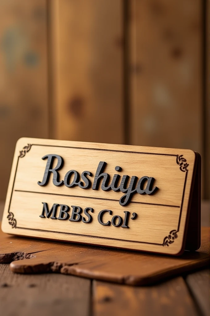 Wooden Name board wich is named " Roshiya
MBBS (Col)"