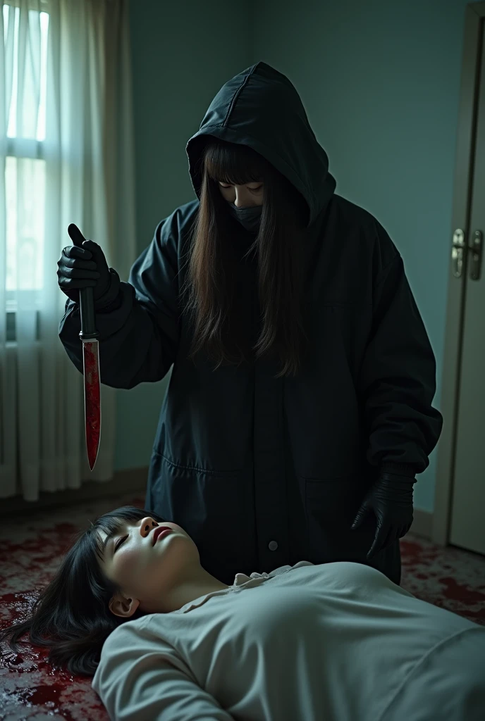 2 korean girls, (behind corpse, holding knife), black surgical mask, stabbing, black gloves, room full of blood, black raincoat, hood up, holding knife, bed room, black gloves, plump girl, behind corpse, blood splatter, mass murderer, killer, long bangs, blood splatter, dark atmosphere, cinematic lighting, atmospheric realistic, light from the window,