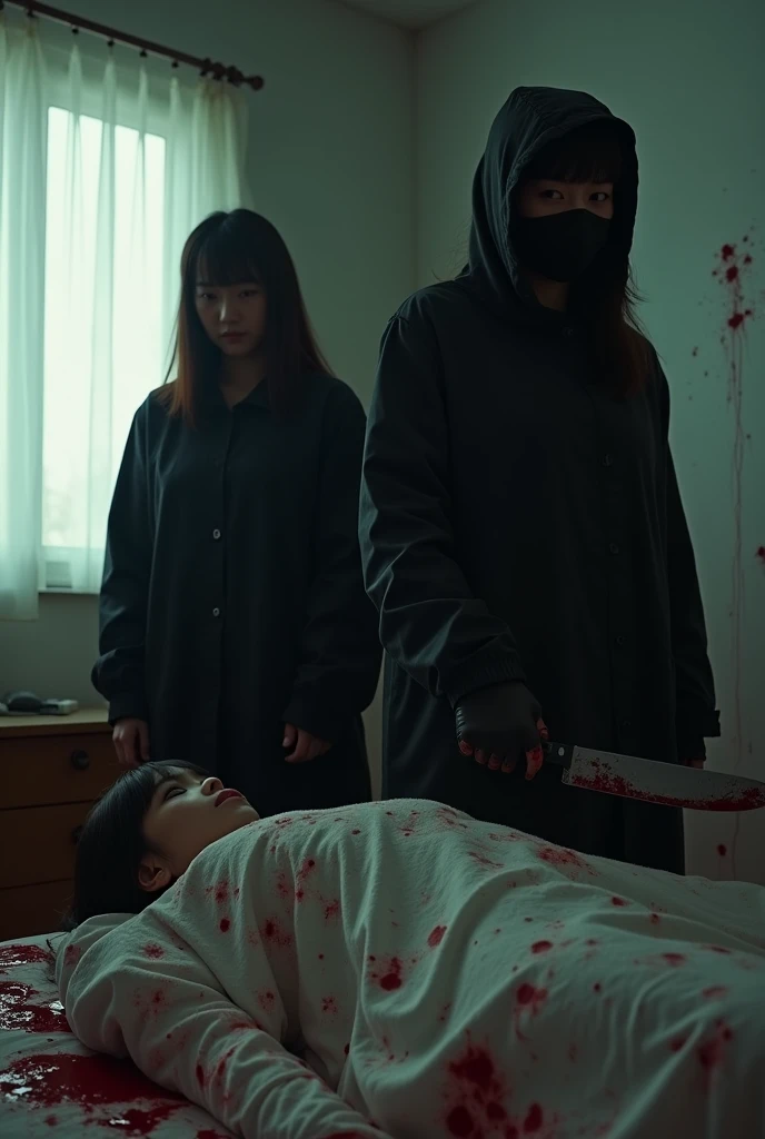 2 korean girls, (behind corpse, holding knife), black surgical mask, stabbing, black gloves, room full of blood, black raincoat, hood up, holding knife, bed room, black gloves, plump girl, behind corpse, blood splatter, mass murderer, killer, long bangs, blood splatter, dark atmosphere, cinematic lighting, atmospheric realistic, light from the window,
