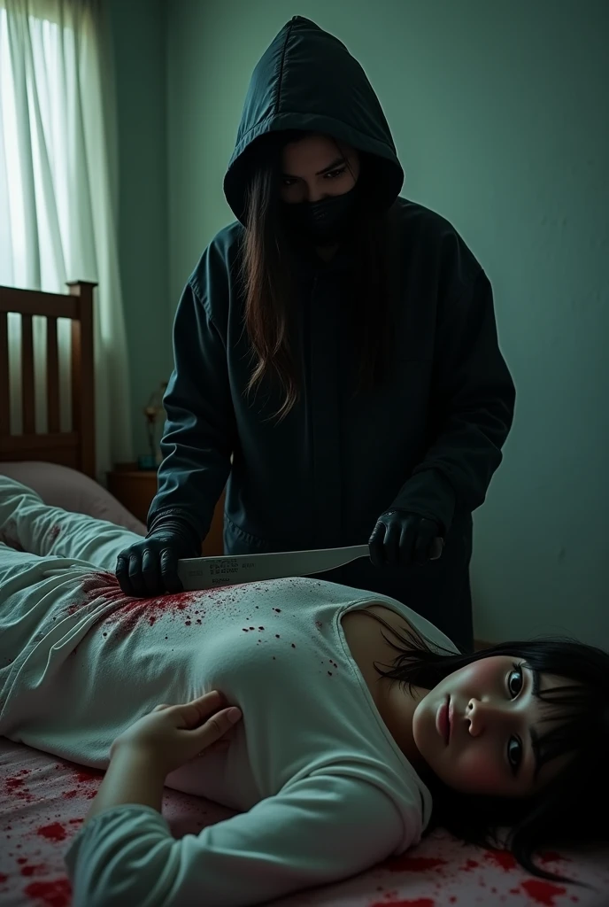 2 korean girls, (behind corpse, holding knife), black surgical mask, stabbing, black gloves, room full of blood, black raincoat, hood up, holding knife, bed room, black gloves, plump girl, behind corpse, blood splatter, mass murderer, killer, long bangs, blood splatter, dark atmosphere, cinematic lighting, atmospheric realistic, light from the window,
