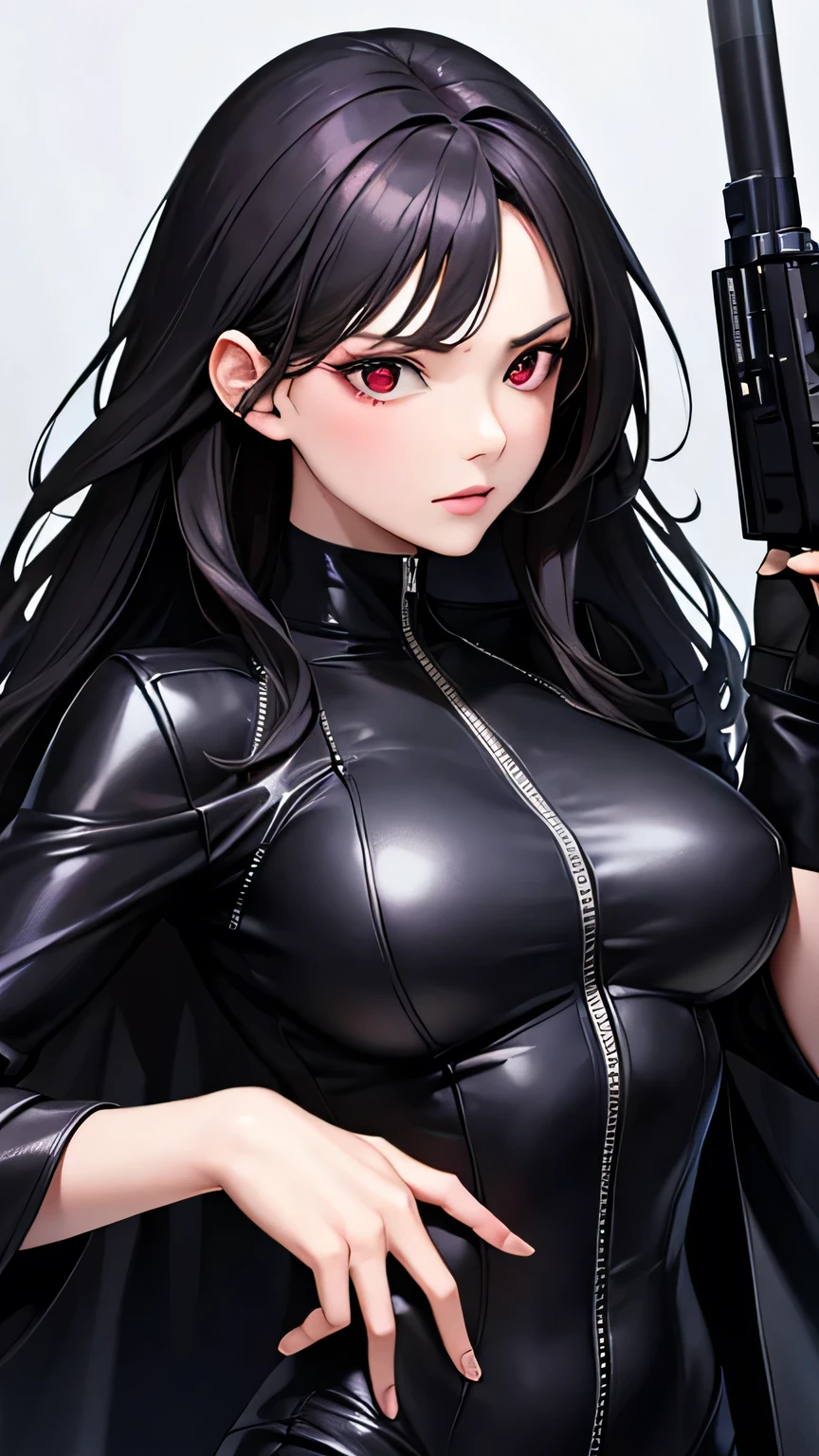 Highest quality, Ultra-high resolution,Wild adult woman, alone, sexy, (Stern face), (Red eyes), Beautiful face in every detail,(High resolution detail of human skin texture), (Black irregular long hair), Black coat,A revealing leather suit,Suit pants,A mercenary woman,（have a gun in hand）,Realistic:1.2,Realistic:1.3,Dark Warehouse