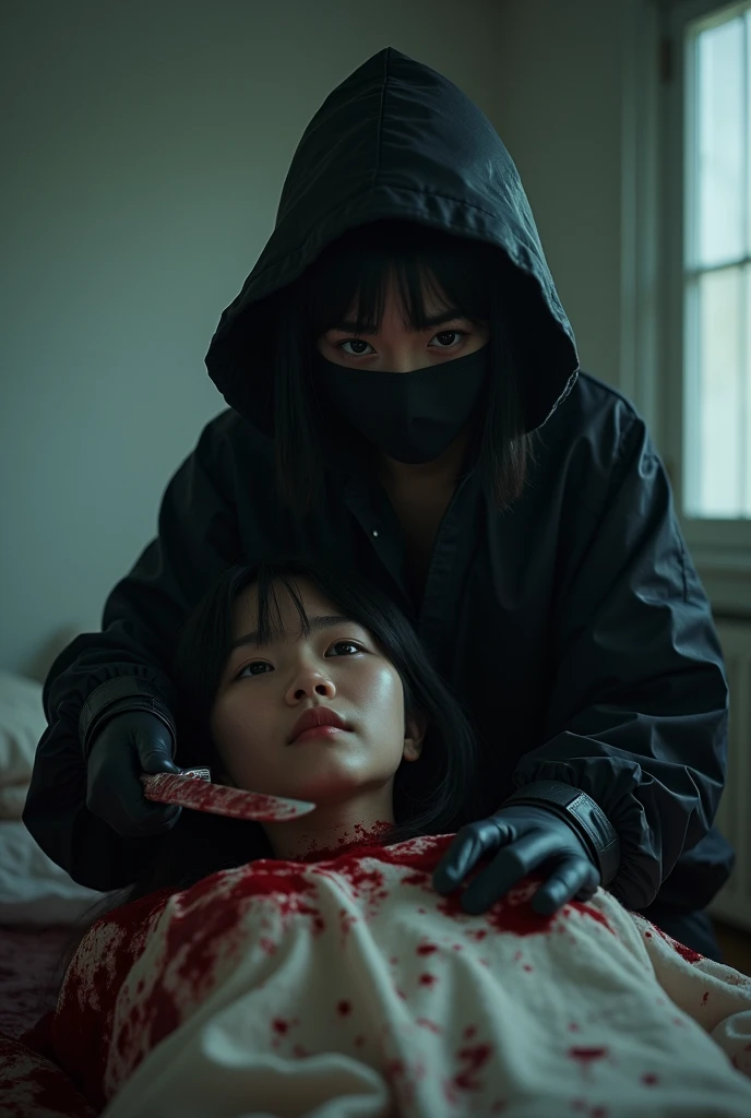 korean girl, (behind crying corpse, holding knife), black surgical mask, black gloves, room full of blood, black raincoat, trucker hat, holding knife, black gloves, woman on top, behind multiple corpse, blood splatter, on the bed, looking at viewer, mass murderer, killer, long bangs, blood splatter, dark atmosphere, cinematic lighting, atmospheric realistic, light from the window, close-up,