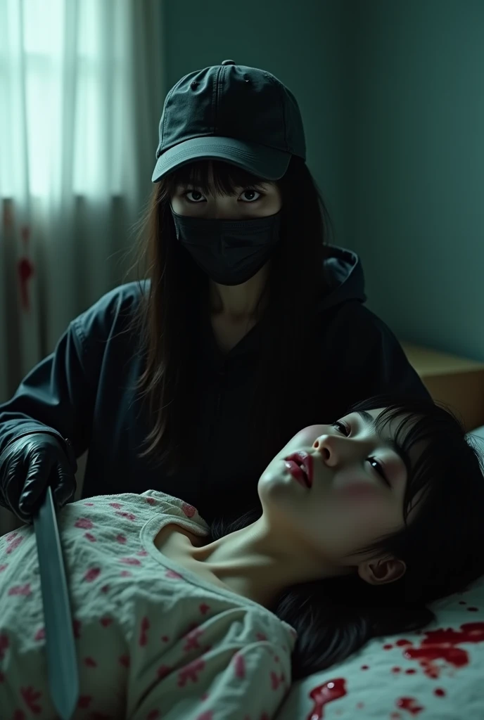 korean girl, (behind crying corpse, holding knife), black surgical mask, black gloves, room full of blood, black raincoat, trucker hat, holding knife, black gloves, woman on top, behind multiple corpse, blood splatter, on the bed, looking at viewer, mass murderer, killer, long bangs, blood splatter, dark atmosphere, cinematic lighting, atmospheric realistic, light from the window, close-up,
