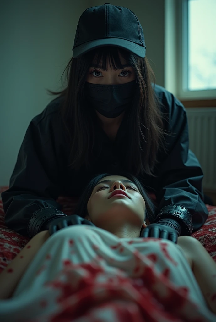 korean girl, (behind crying corpse, holding knife), black surgical mask, black gloves, room full of blood, black raincoat, trucker hat, holding knife, black gloves, woman on top, behind multiple corpse, blood splatter, on the bed, looking at viewer, mass murderer, killer, long bangs, blood splatter, dark atmosphere, cinematic lighting, atmospheric realistic, light from the window, close-up,