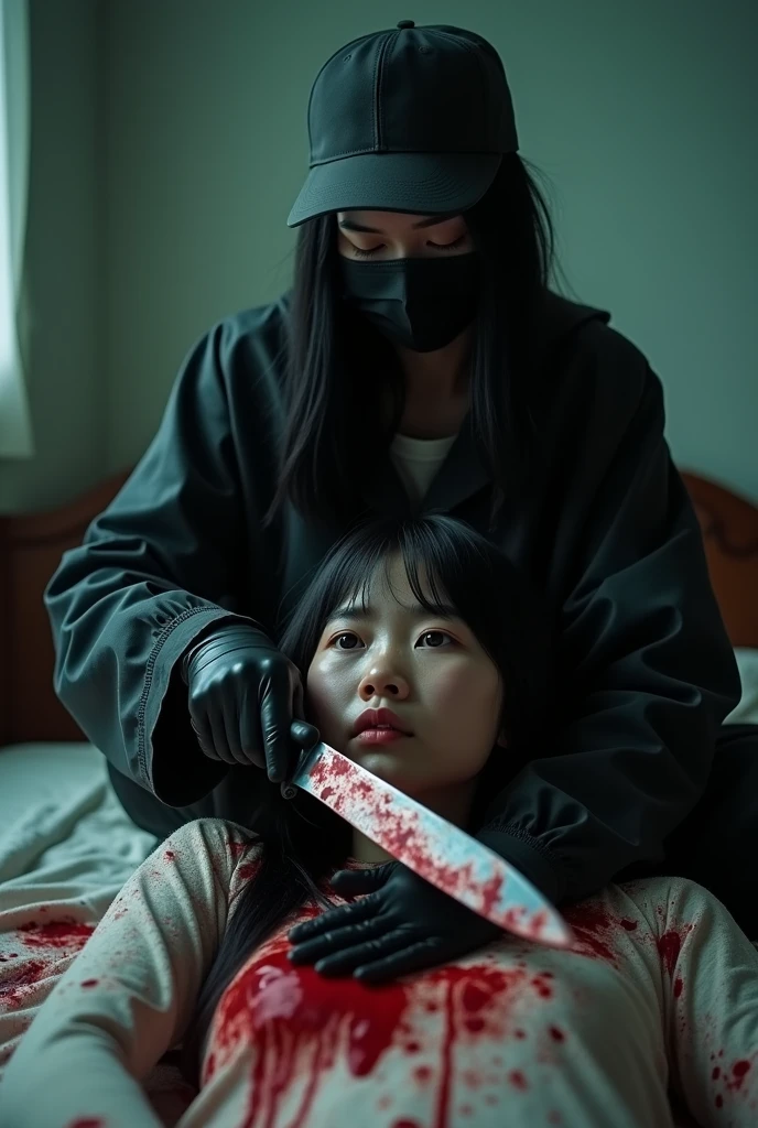 korean girl, (behind crying corpse, holding knife), black surgical mask, black gloves, room full of blood, black raincoat, trucker hat, holding knife, black gloves, woman on top, behind multiple corpse, blood splatter, on the bed, looking at viewer, mass murderer, killer, long bangs, blood splatter, dark atmosphere, cinematic lighting, atmospheric realistic, light from the window, close-up,
