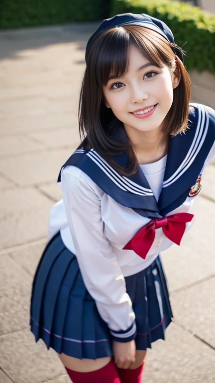 (A youthful gorgeous Japanese idol, wearing a wet Seifuku, Serafuku, school uniform, sailor moon, jk uniform, high-school uniform, pleated mini-skirt, red ribbon, red bowtie, sailor hat, knee-high socks, hands on hip, natural poses, Rooftop, Roof-top, night sky, positive vibes,
Easygoing expressions, kind smile, dimpled cheek, cute snaggle-tooth, short bob hair ponytail, symmetrical face, realistic detailed face, beautiful eyes, beautiful detailed eyes, long legs, perfect body proportions, hourglass figure, ample round bosoms, medium breasts,
Raw photo, photorealistic, realistic portrait, hyper-realism, high contrast, ultra HD, realistic skin textures, top image quality, top-quality, super high resolution, fine details, very meticulously, masterpiece, vivid colours, waist focus, medium shot, close-up shot, cowboy shot, High Angle Shot, serene ambience, professional lighting, bokeh_night_background, SFW, Safe For Work)