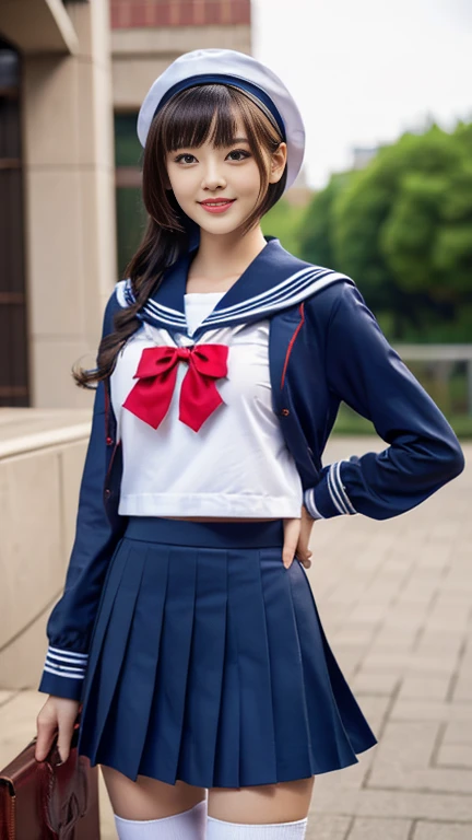 (A youthful gorgeous Japanese idol, wearing a wet Seifuku, Serafuku, school uniform, sailor moon, jk uniform, high-school uniform, pleated mini-skirt, red ribbon, red bowtie, sailor hat, knee-high socks, hands on hip, natural poses, Rooftop, Roof-top, night sky, positive vibes,
Easygoing expressions, kind smile, dimpled cheek, cute snaggle-tooth, short bob hair ponytail, symmetrical face, realistic detailed face, beautiful eyes, beautiful detailed eyes, long legs, perfect body proportions, hourglass figure, ample round bosoms, medium breasts,
Raw photo, photorealistic, realistic portrait, hyper-realism, high contrast, ultra HD, realistic skin textures, top image quality, top-quality, super high resolution, fine details, very meticulously, masterpiece, vivid colours, waist focus, medium shot, close-up shot, cowboy shot, High Angle Shot, serene ambience, professional lighting, bokeh_night_background, SFW, Safe For Work)