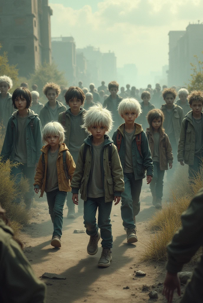 Six boys, " 3 girls" and three boys, the girls go ahead and "the boys behind", that they are surrounded by zombies, a desolate environment, boys who have white hair