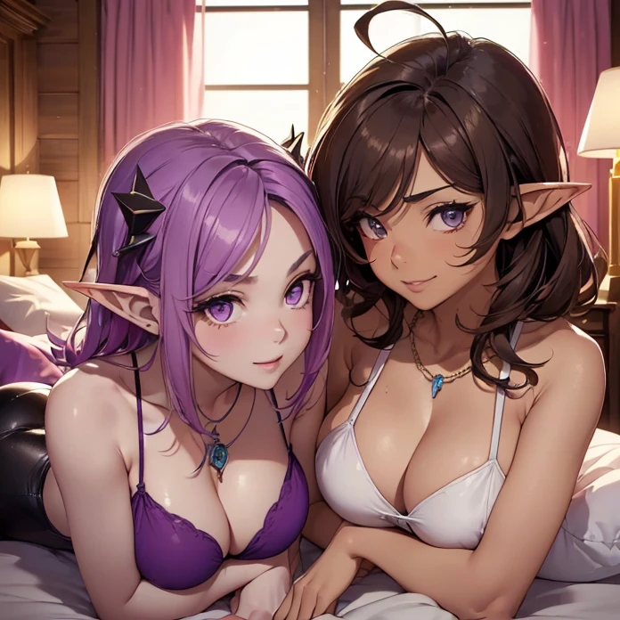 (absurdres, Masterpiece, best high quality image, carefuly detailed features and textures, very detailed image, no deformity, good anatomy, full character view and design): {{(900 years old brown-haired elf noble mature beautiful milf princess:,(dark-brown short-messy-spiky-hair with ahoge, fair skin, purple eyes, brown eyebrows, absolute feminine elder beauty, beautiful and sexy features, huge breasts, tall voluptuous body, beautiful arms, beautiful legs, short pointy ears, beautiful hips),(smiling, happy expression, modeling sexy pose),(she wears: purple one-piece simple swimsuit, red jewell necklace),(she is lying on bed sedictive and horny,), (couple double bed, couple bedroon, with pink bed-sheets, wooden couple bed, blue walls, marble furniture)}}