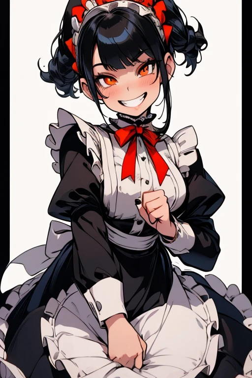 Perfect face Perfect hands. A black haired woman with orange eyes in a Lolita maid uniform is serving dinner in a fancy maid cafe with a big smile