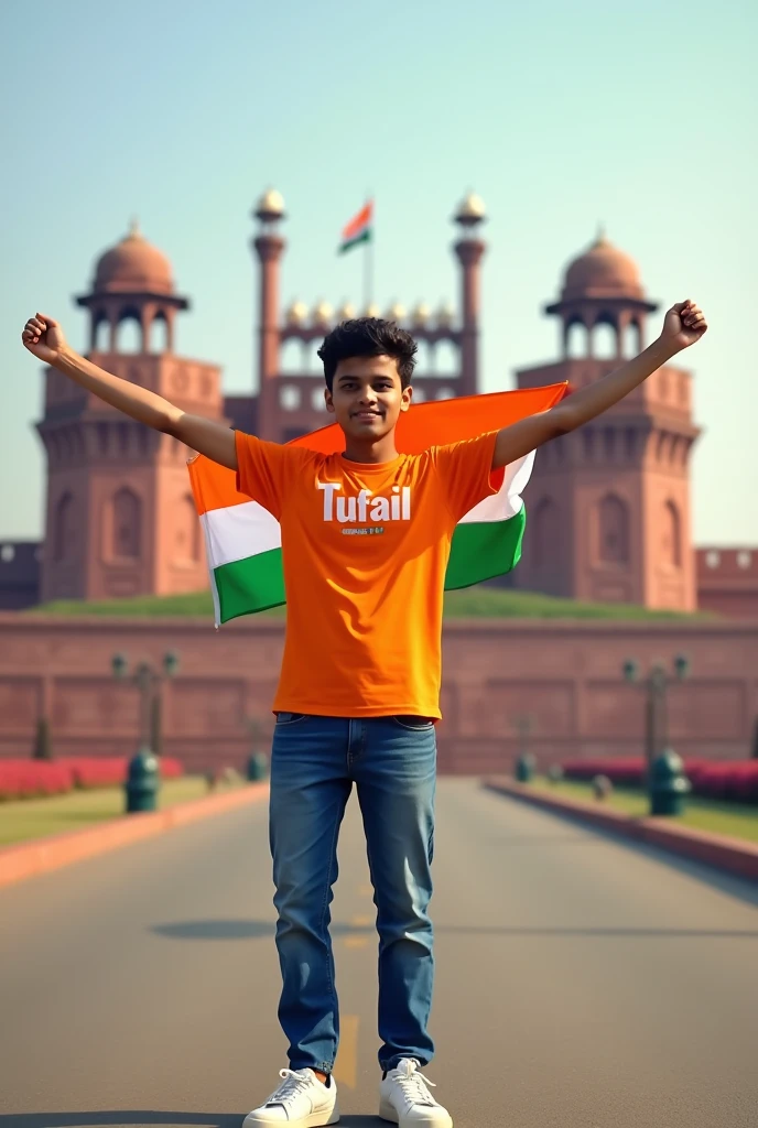 A real 18years old boy, Wearing Orange T shirt blue jeans sneakers and the name "Tufail" is written on his t-shirt and the boy is standing on the road with holding a national flag of India, and behind him is the Red Fort Delhi. And written on sky "Independence Day" Create Realistic image high quality.