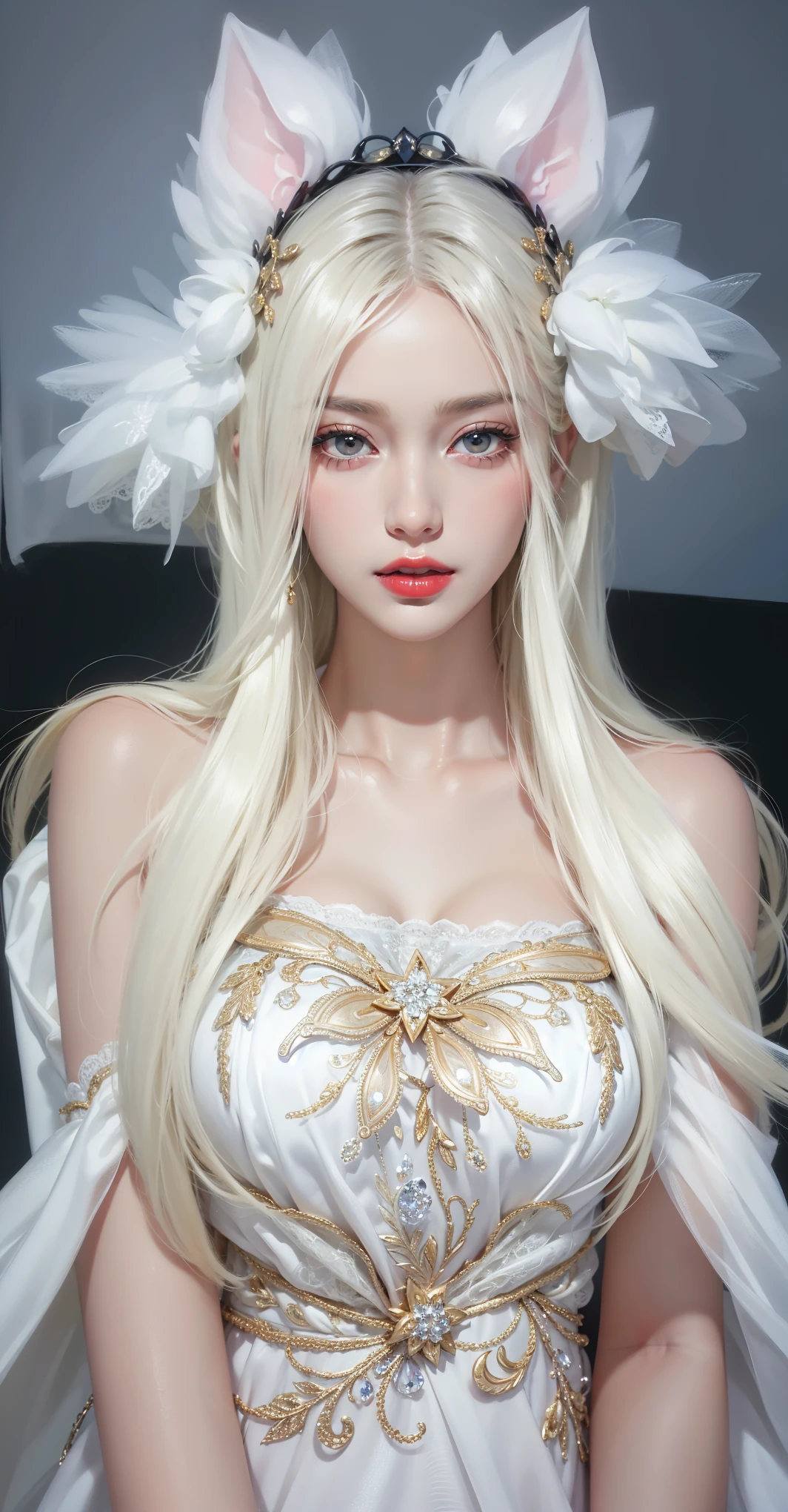 Very detailed, Delicate face, Realistic style, Stock Photography , rich and colorful, Surrealism, Realistic textures, Dramatic Lighting, Distiller 800 (8K, original photo, Better quality, masterpiece: 1.2), Very detailed, (Extremely delicate skin: 1.2), 8K Ultra HD, SLR camera, Soft Light, high quality, 冰冻Queen,, snow castle,Blue pupils,Apply red lipstick,Queen,Gorgeous clothing,gem, diamond, Gold Jewelry,Printed lace,Silk dress,breasts symmetrical,