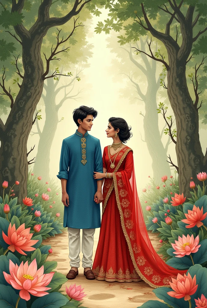 A mystical victorian art dream world, purple and earthy tones, light green trees and lush flora, roses and lotus and water lilies around, traditional fashioned feel, harsh ink lines, simple art, a couple, boy has short black hair wearing a blue panjabi, the girl has short curly black hair, in a red lehenga saree trailed by her living shadow, they have the same height, watercolor, antique, old fashioned, they are both looking good with jeweleries, background is decorated lavishly, girl is a bit taller, the boy is cute