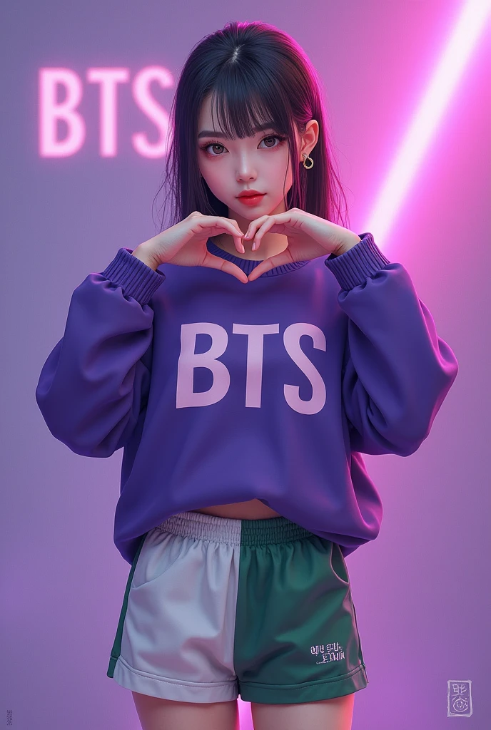I want a girf of a woman , slickedback hair , small eye, dark brown hair, purple sweatshirt, BTS symbol , white and green shorts , purple and green scenery , based on the group BTS , I don't want anime features , I want more realistic , making korean heart,